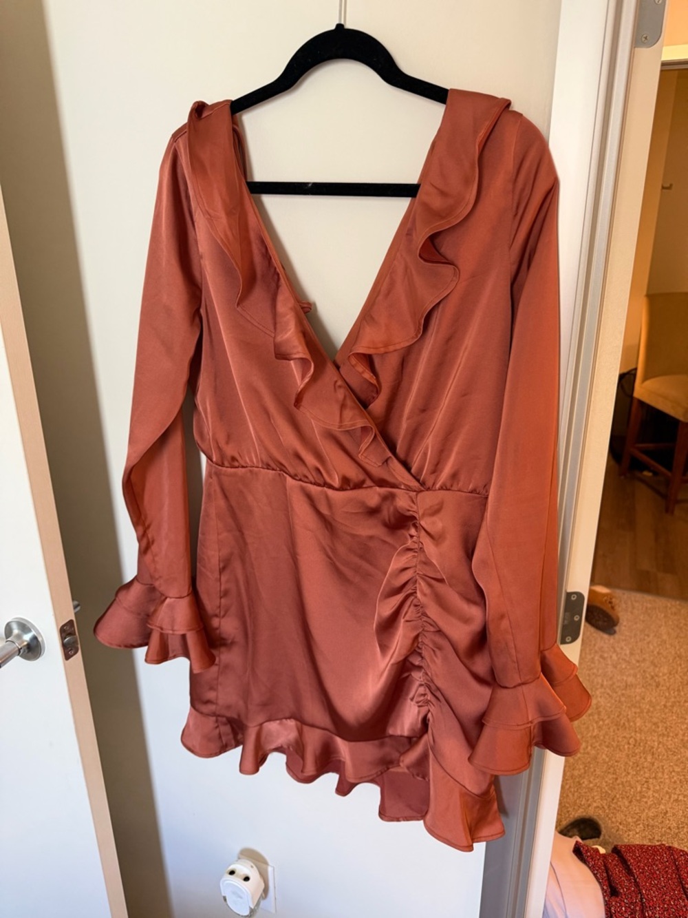 REVOLVE Rust Long Sleeve Ruffle Wrap Dress